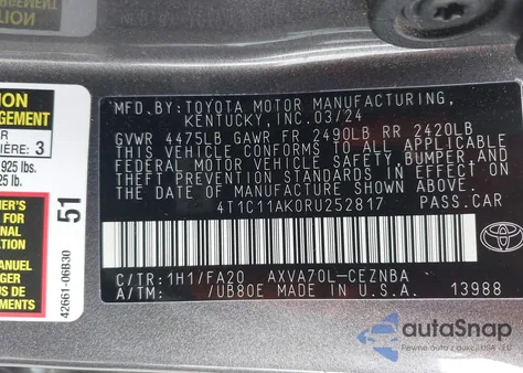 2024 Toyota Camry Le z USA, uszkodzony, nr VIN 4T1C11AK0RU252817